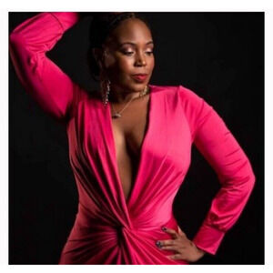 Boohoo Red Plunge Neck Gathered Waist Red Maxi Dress Stretch Long Sleeve Size 6